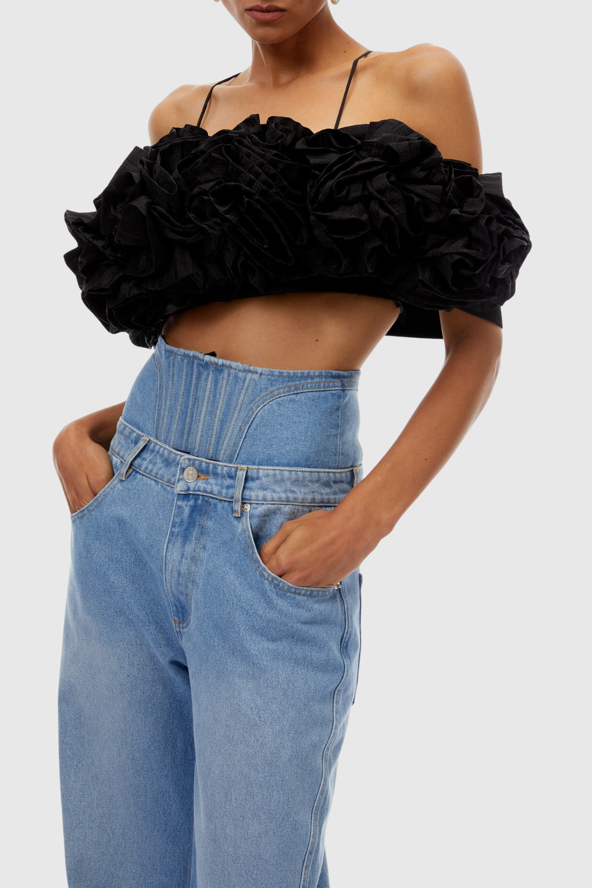 Phebe Floral Appliqué Cropped Top - Black