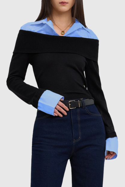 Quentia Off Shoulder Knit Shirt - Blue
