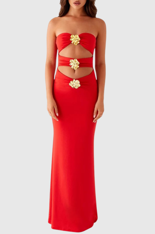Ragka Strapless Floral Embellished Cutout Maxi Dress - Red