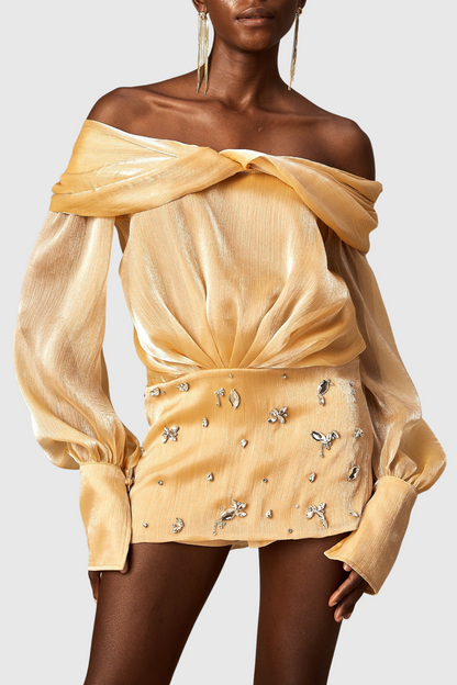 Rahar Gold Off Shoulder Rhinestone Embellished Mini Dress