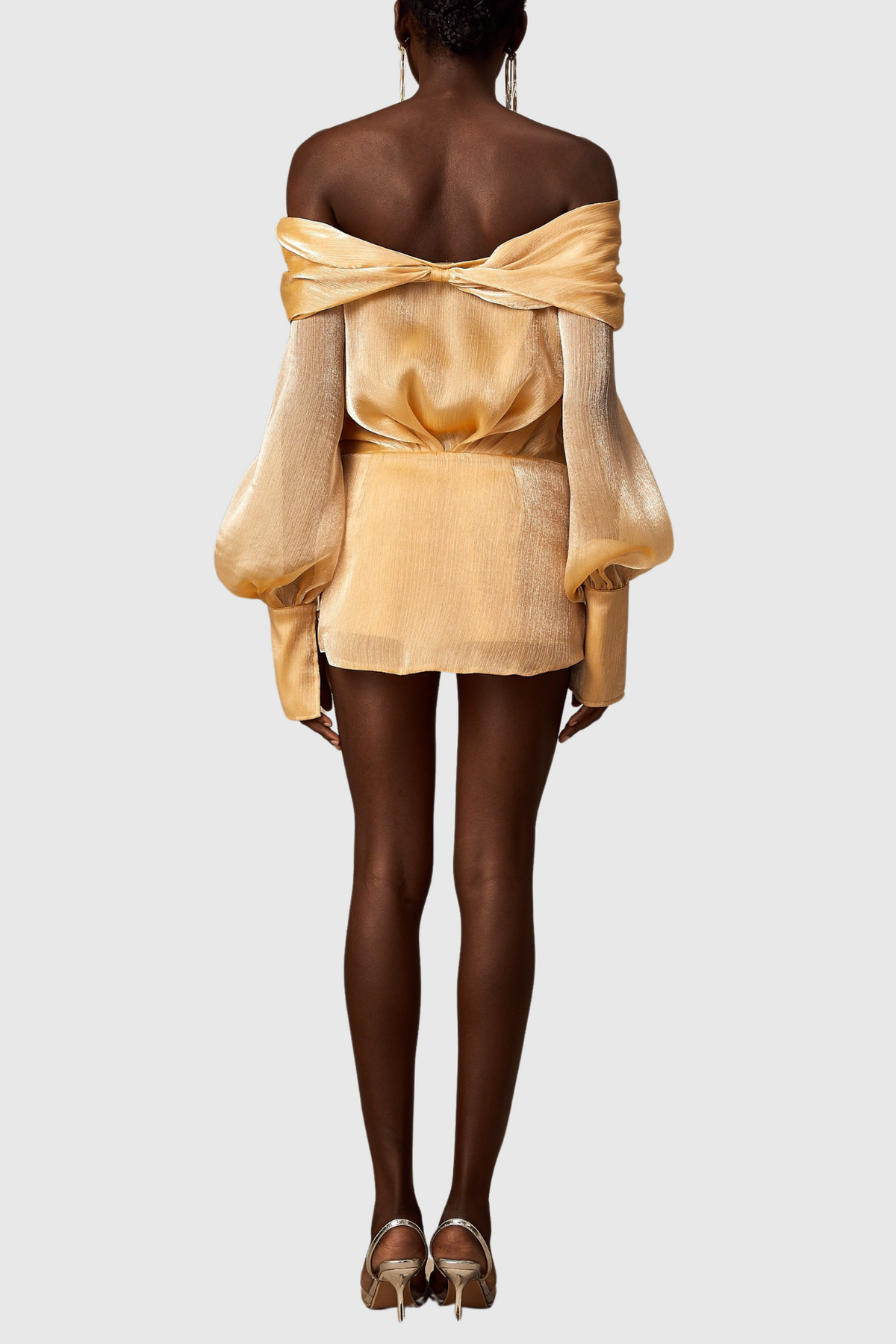 Rahar Gold Off Shoulder Rhinestone Embellished Mini Dress