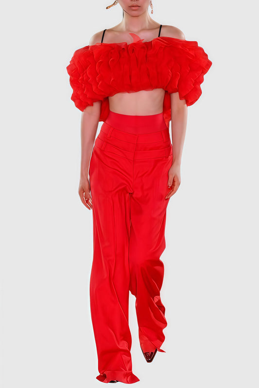Raiden Ruffle Top & Pants Set - Red