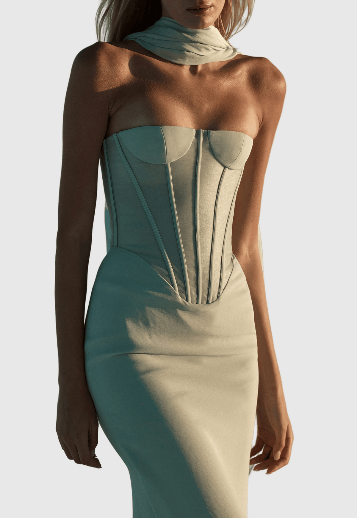 Ramire Strapless  Mesh Scarf Corset Maxi Dress