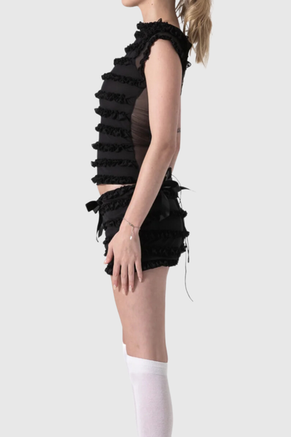 Raven Ruffle Backless Lace Up Set - Black
