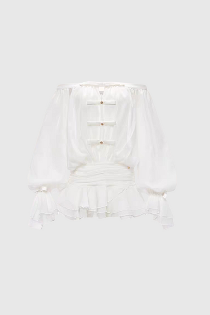 Raylene Off Shoulder Bow Ruffle Mini Dress - White
