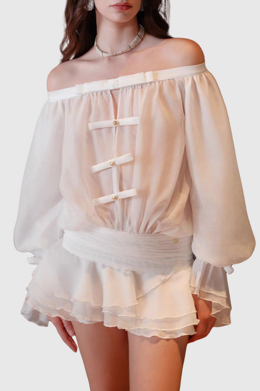Raylene Off Shoulder Bow Ruffle Mini Dress - White