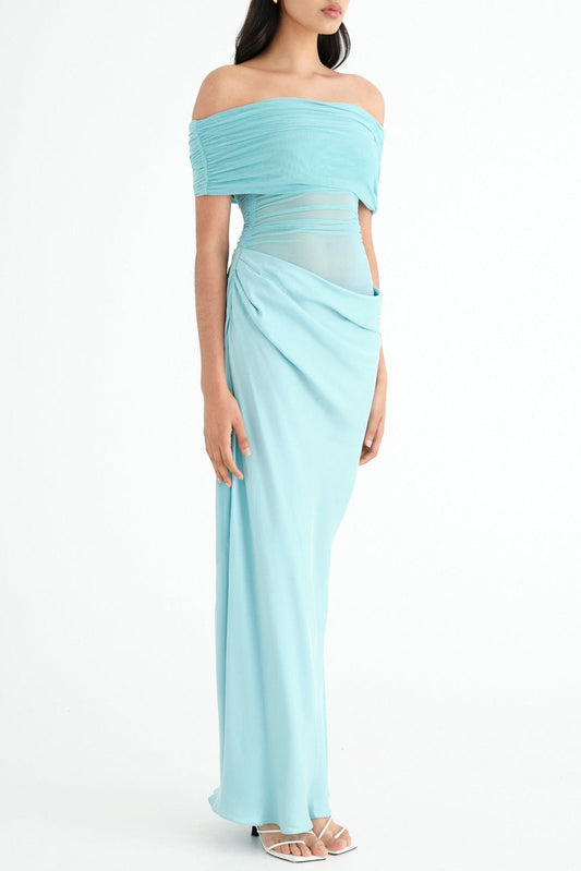 Reanko Off Shoulder Ruched Mesh Maxi Dress - Blue