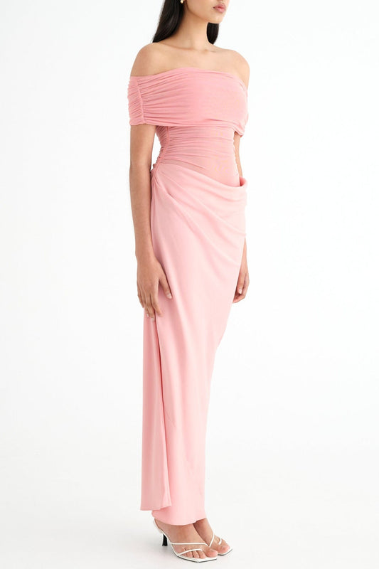 Reanko Off Shoulder Ruched Mesh Maxi Dress - Pink