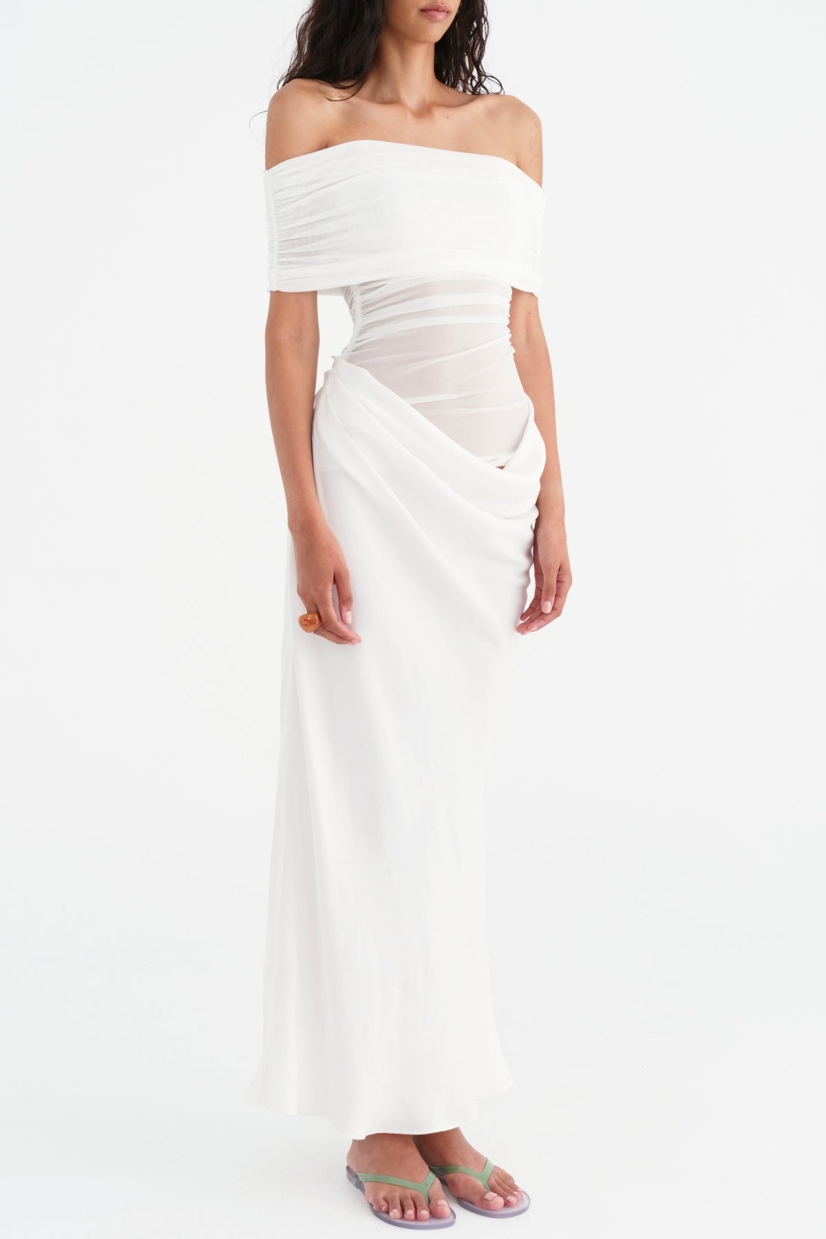 Reanko Off Shoulder Ruched Mesh Maxi Dress - White