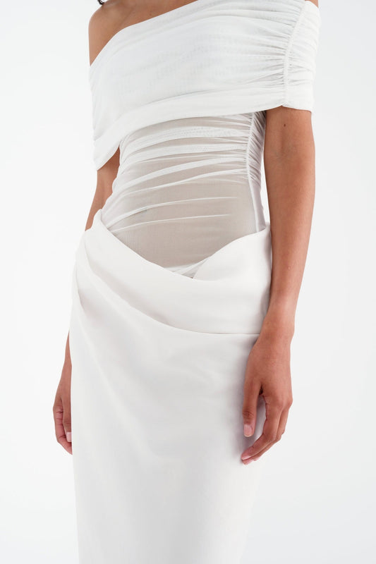 Reanko Off Shoulder Ruched Mesh Maxi Dress - White