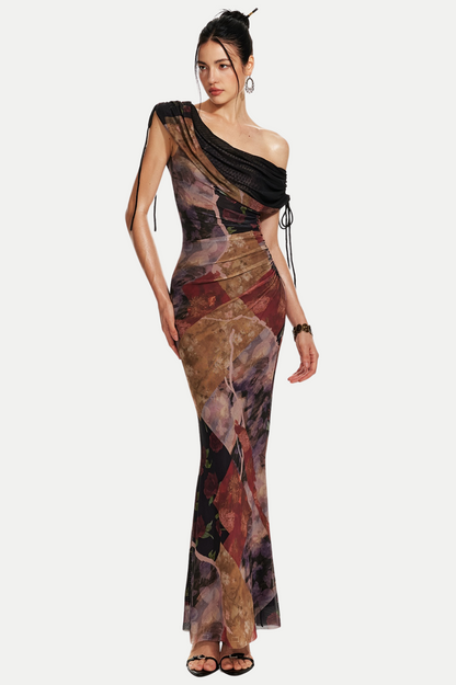 Rosala Print Mesh Off Shoulder Maxi Dress