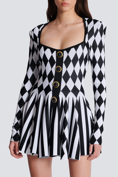 Abiga Diamond Jacquard Flared Knit Mini Dress
