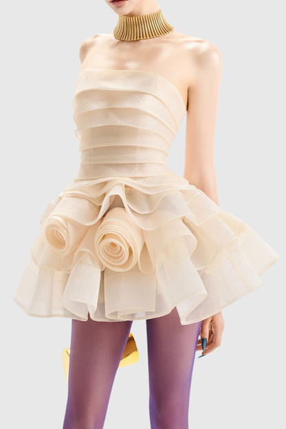 Rupok Strapless Floral Ruffle Mini Dress