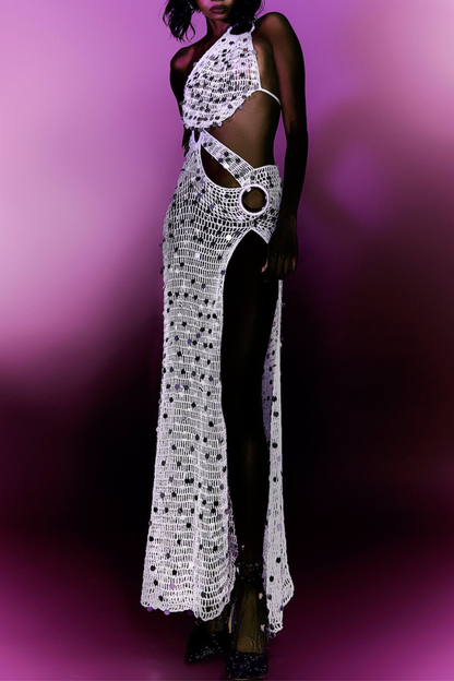 Ruriya Asymmetric Sequin Cutout Maxi Dress - White