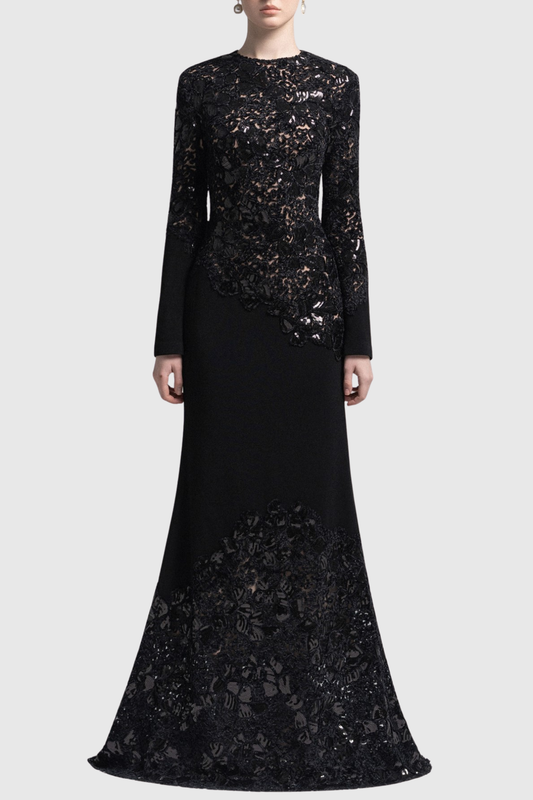 Safra Lace Sequin Satin Maxi Dress - Black