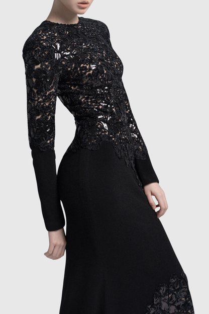 Safra Lace Sequin Satin Maxi Dress - Black