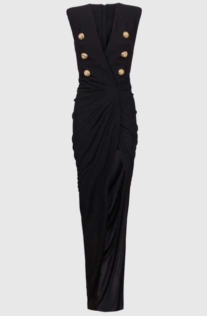 Sedzi Deep-V Sleeveless Ruched Slit Maxi Dress