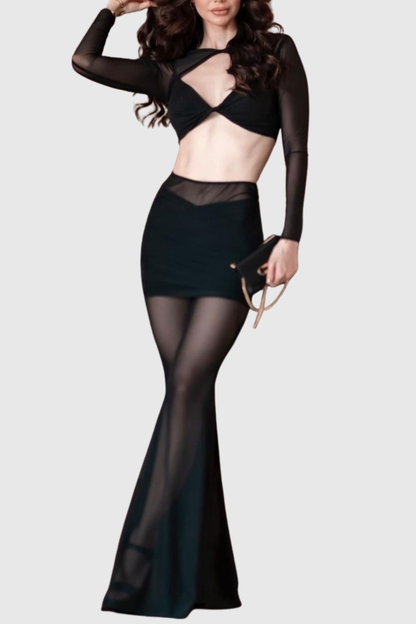Selka Twisted Mesh Pants Set - Black