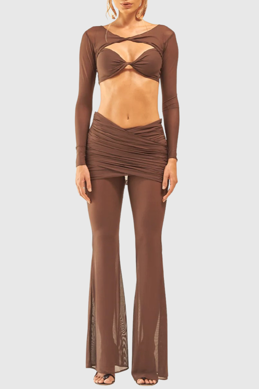 Selka Twisted Mesh Pants Set -  Brown