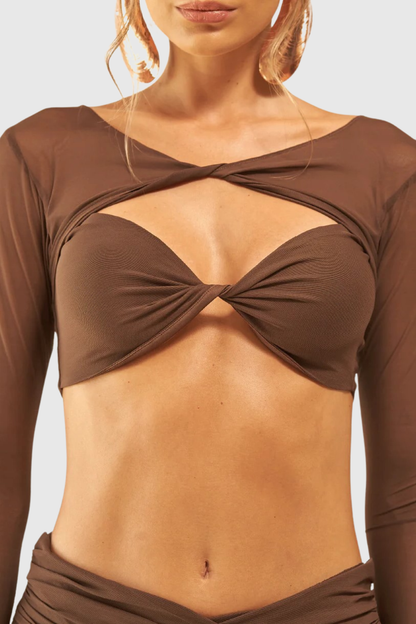 Selka Twisted Mesh Pants Set -  Brown