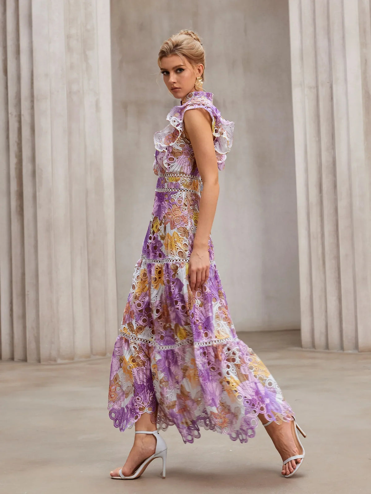 Sheer-Insert Embroidered Midi Dress