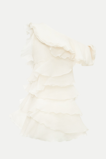 Shelyn Flower One Shoulder Ruffle Mini Dress - Beige