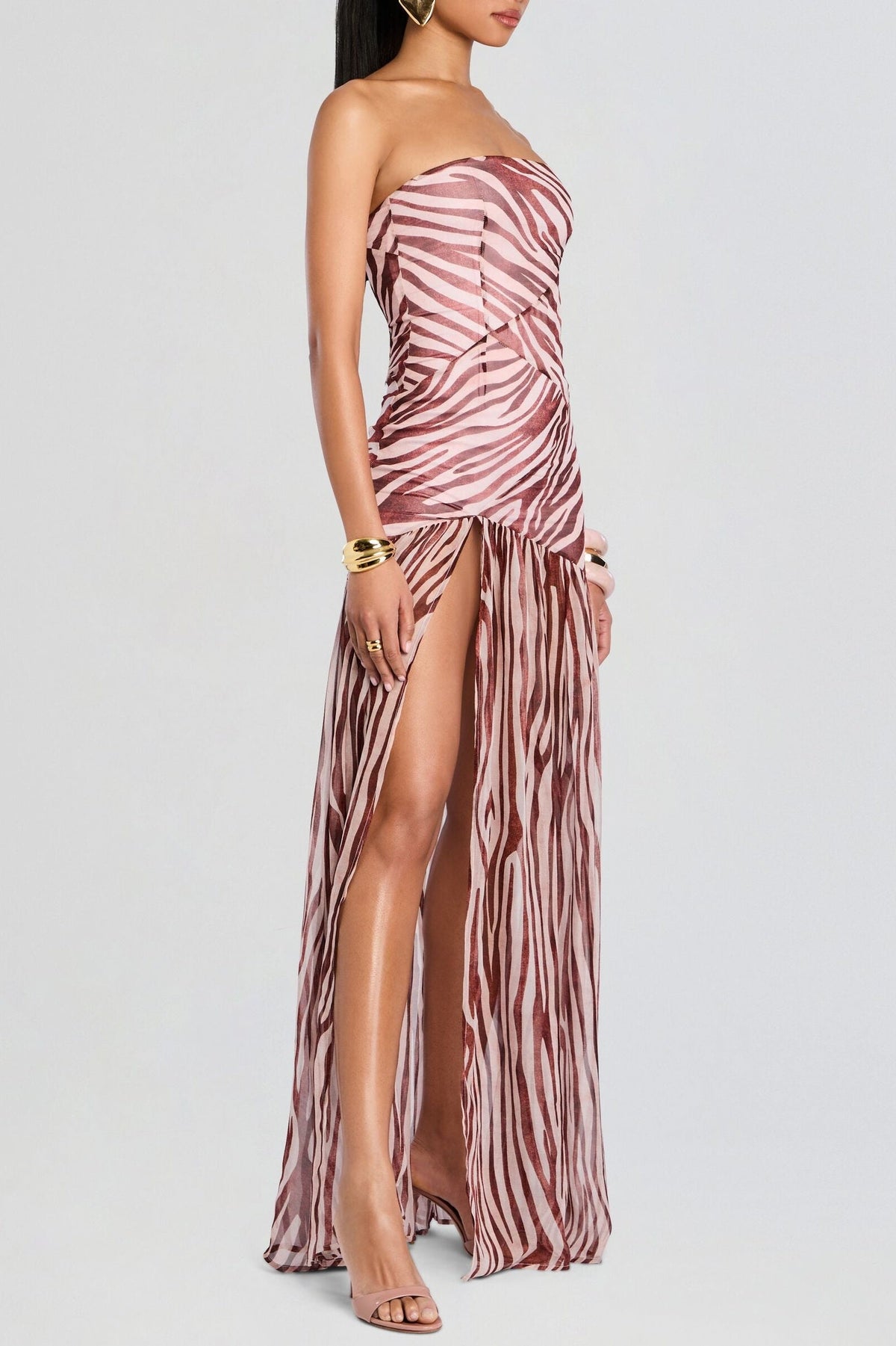 Shmaka Zebra Print Strapless Slit Maxi Dress