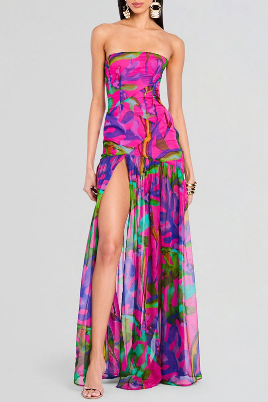 Shmaka Floral Print Strapless Slit Maxi Dress - Purple