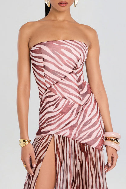 Shmaka Zebra Print Strapless Slit Maxi Dress