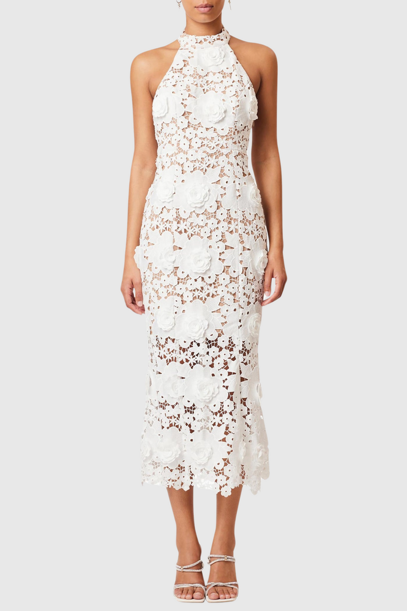 Shyheim Floral Appliqué Lace Halter Midi Dress