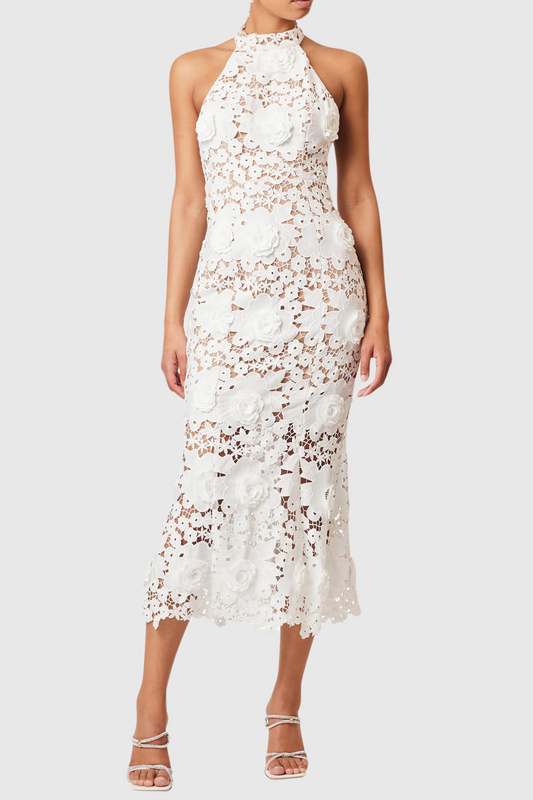 Shyheim Floral Appliqué Lace Halter Midi Dress