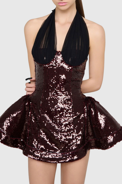 Sonica Mesh Halter Sequin Mini Dress