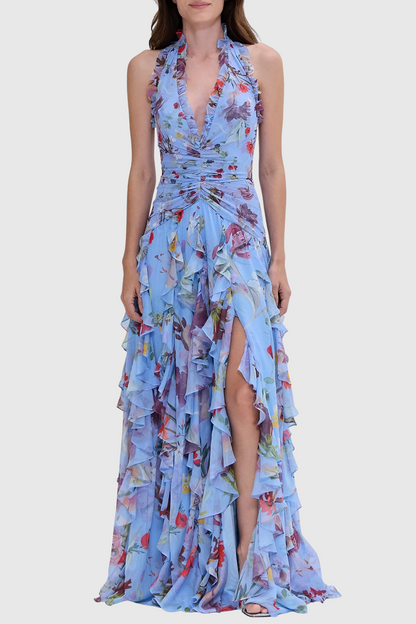 Souza Floral Halter Ruffle Tulle Maxi Dress - Blue