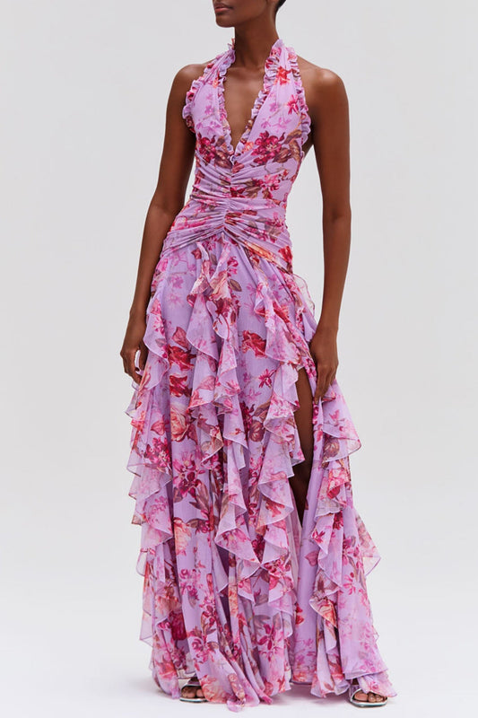 Souza Floral Halter Ruffle Tulle Maxi Dress - Pink