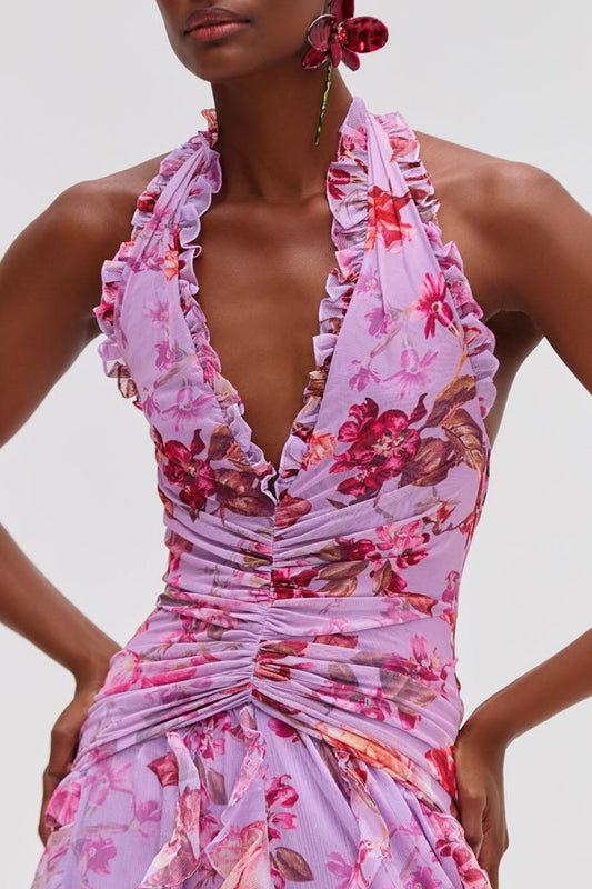 Souza Floral Halter Ruffle Tulle Maxi Dress - Pink