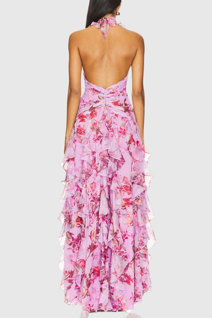 Souza Floral Halter Ruffle Tulle Maxi Dress - Pink