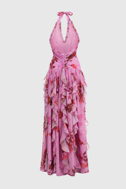 Souza Floral Halter Ruffle Tulle Maxi Dress - Pink