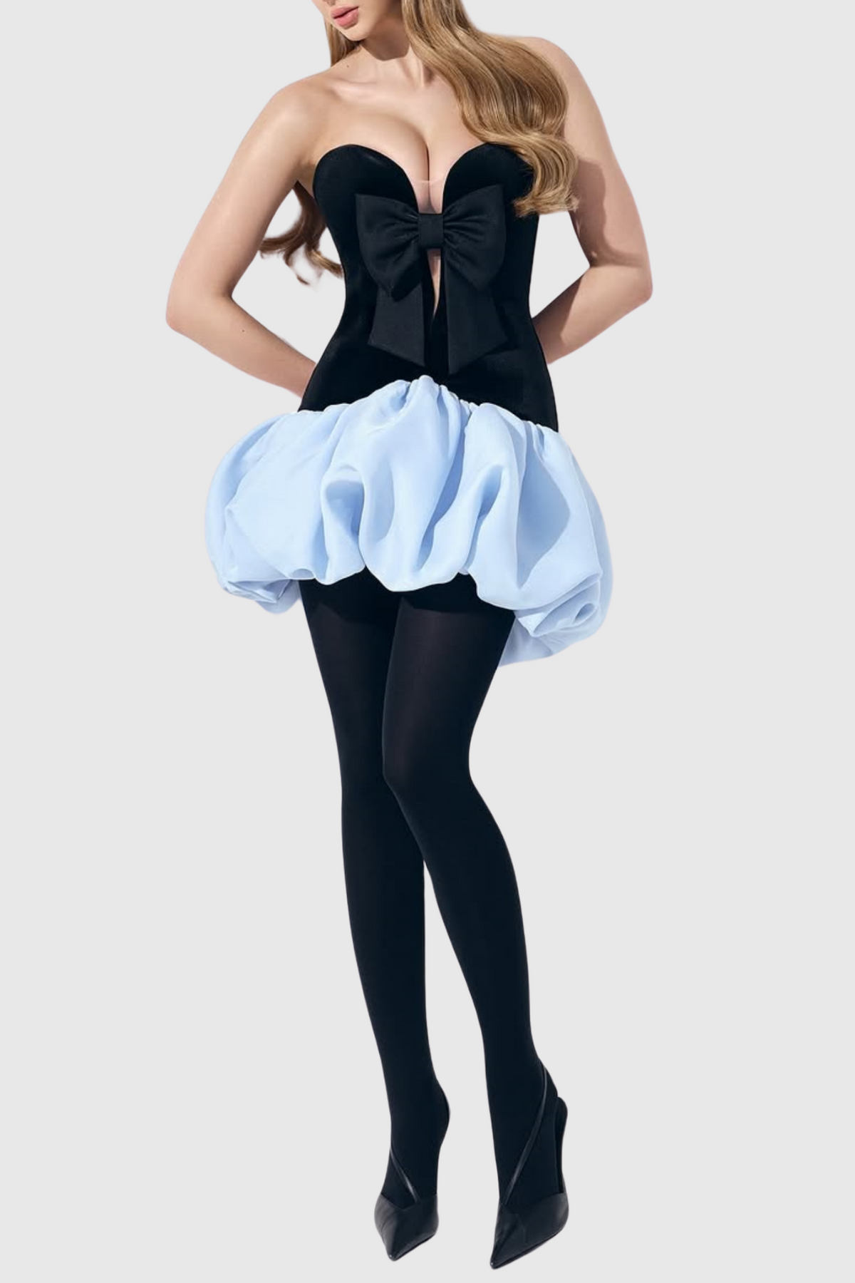 Stanski Strapless Velvet Bow Puffy Satin Mini Dress