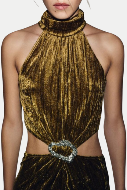 Sudya Halter Velvet Cutout Midi Dress