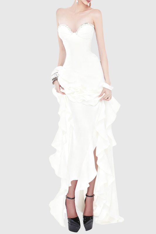 Takara Strapless Ruffle Maxi Dress - White