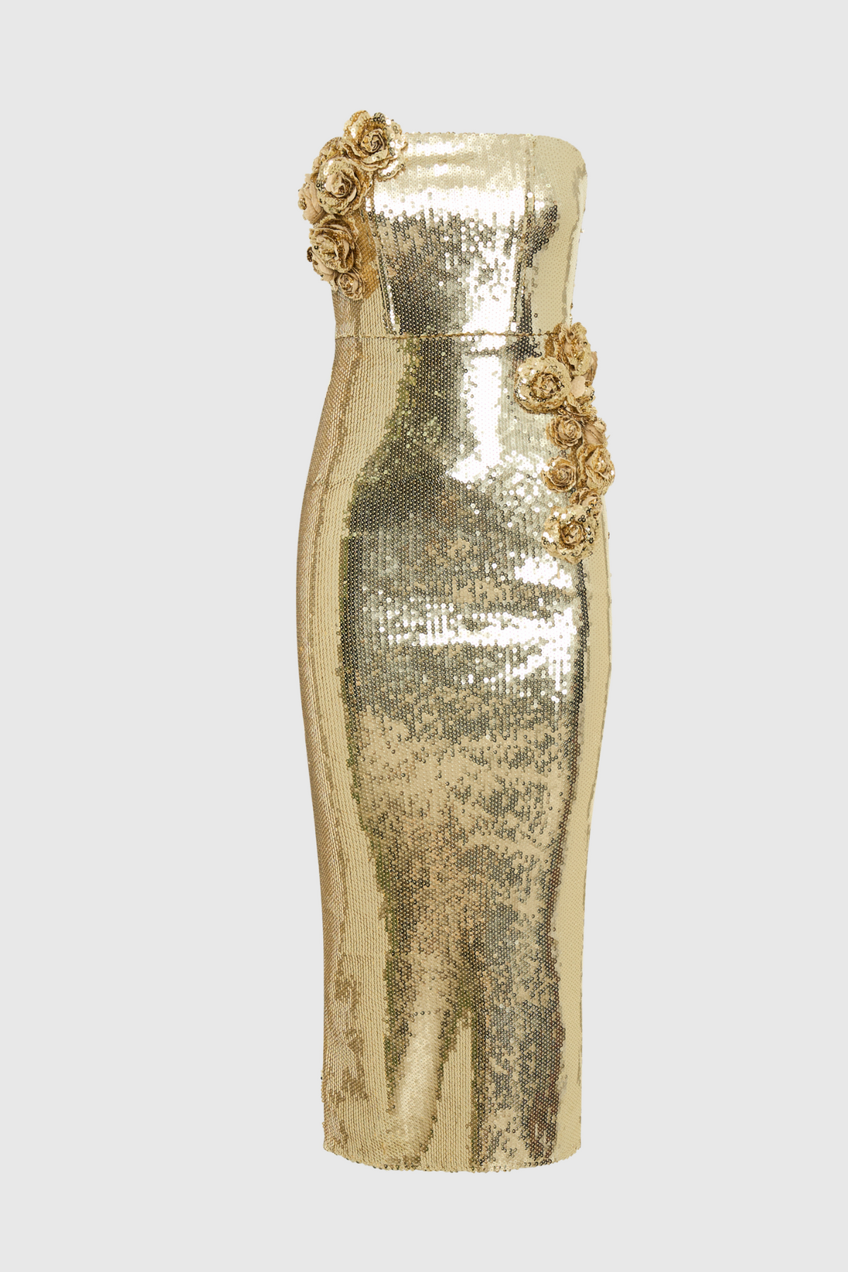 Tambi Strapless Sequin Floral Midi Dress