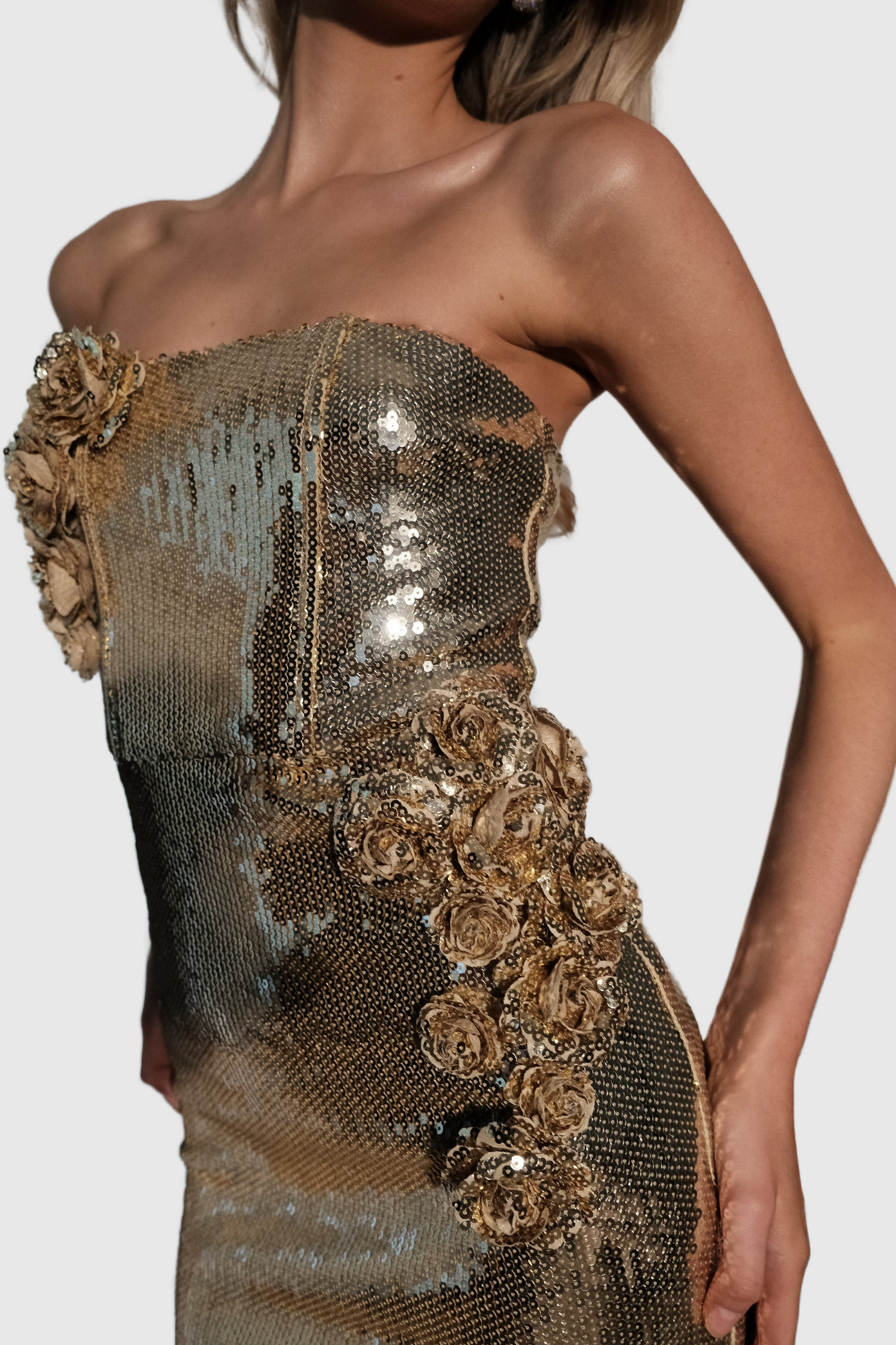 Tambi Strapless Sequin Floral Midi Dress