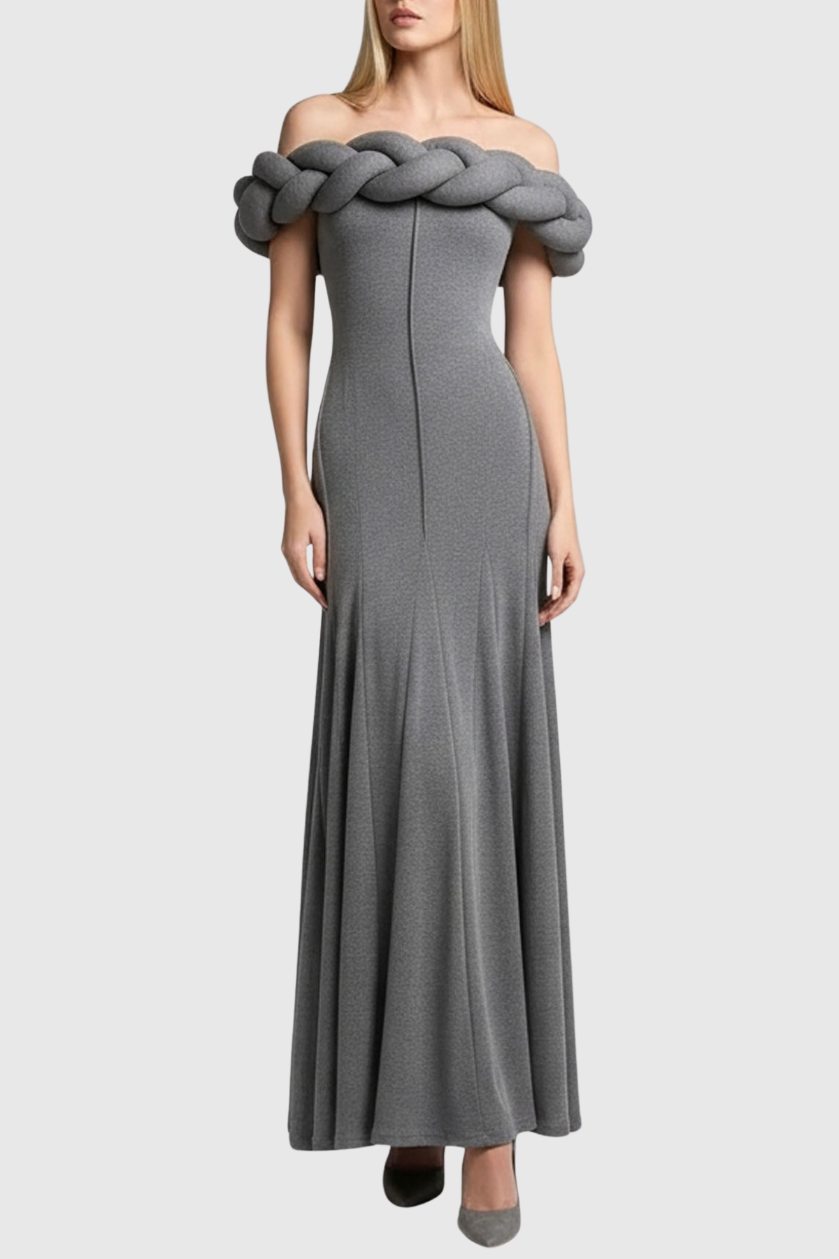 Esmere Off Shoulder Braid Knit Maxi Dress - Grey