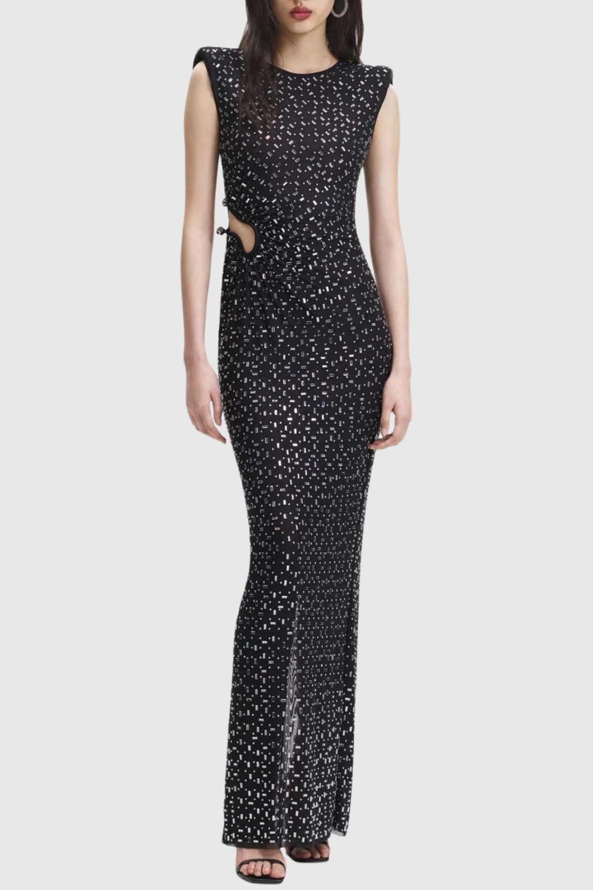 Teryl Rhinestone Embellished Cutout Mesh Maxi Dress