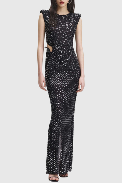 Teryl Rhinestone Embellished Cutout Mesh Maxi Dress