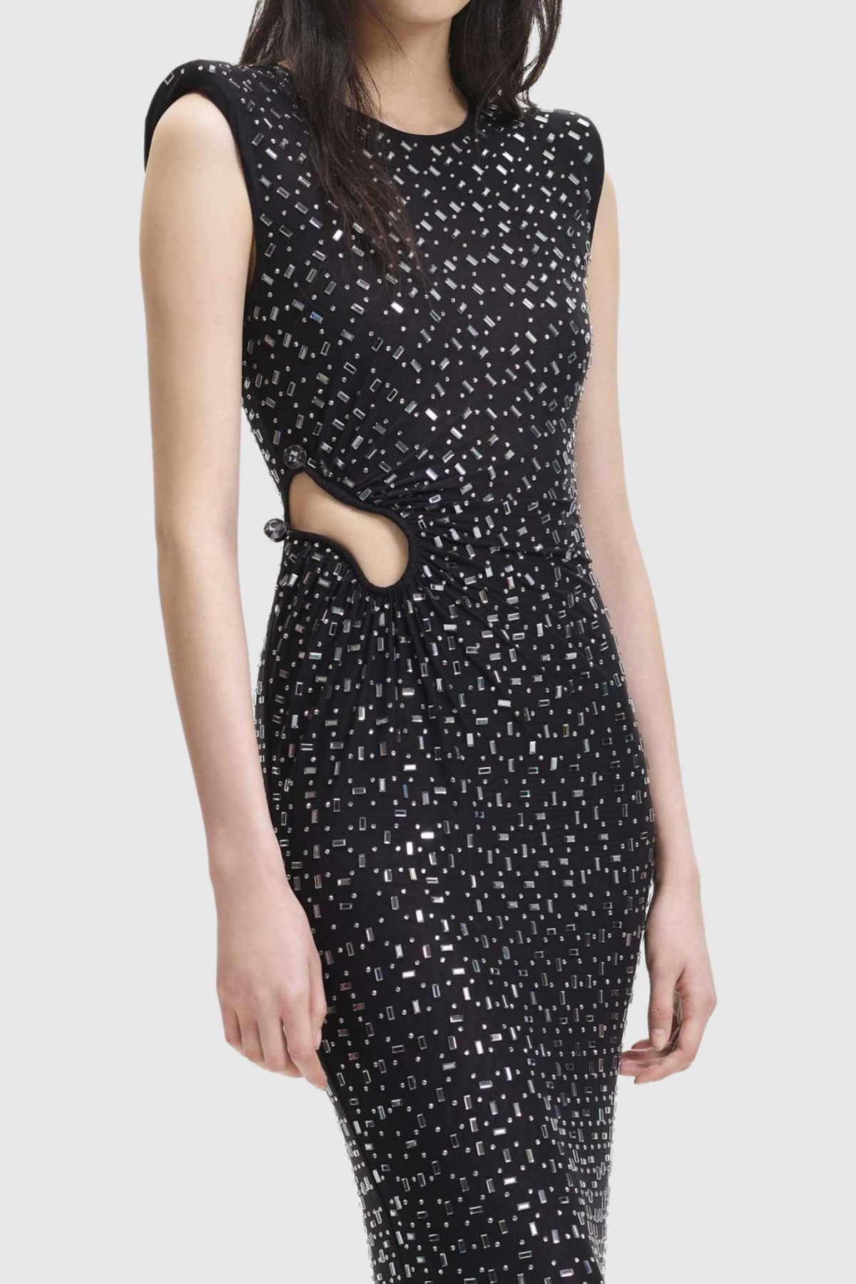 Teryl Rhinestone Embellished Cutout Mesh Maxi Dress