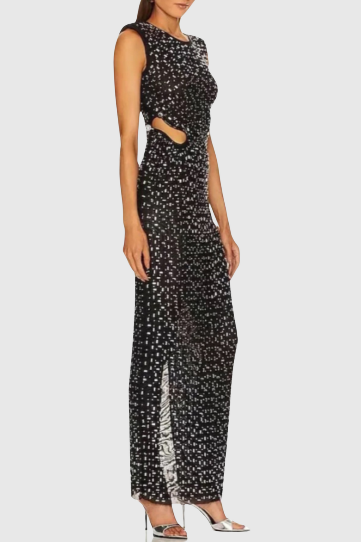 Teryl Rhinestone Embellished Cutout Mesh Maxi Dress