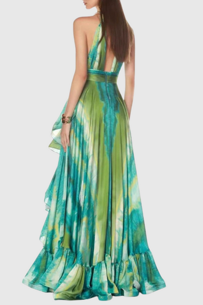 Thata Halter Printed Cutout Ruffle Maxi Dress