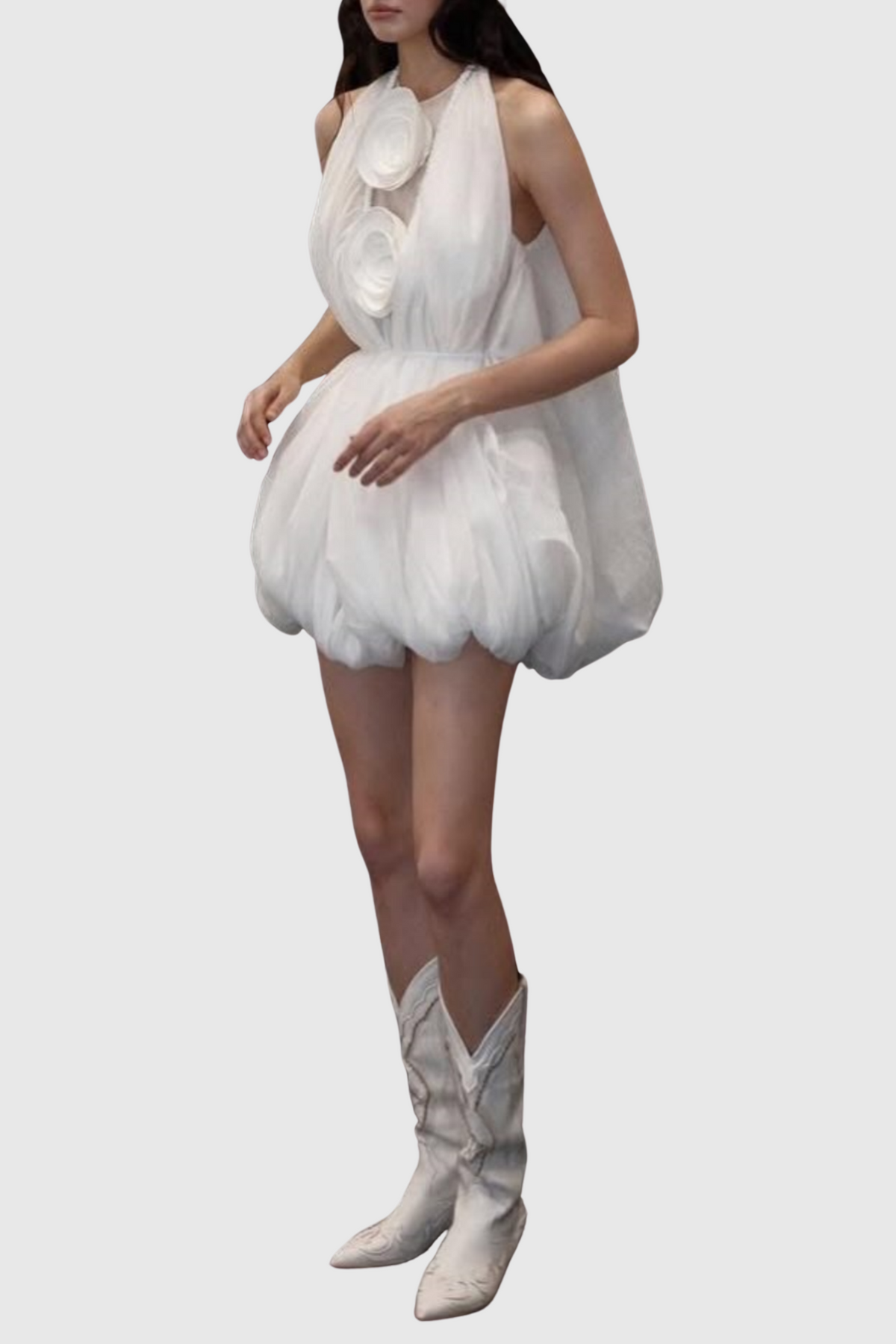 Tlora Floral Applique Halter Puffy Mini Dress