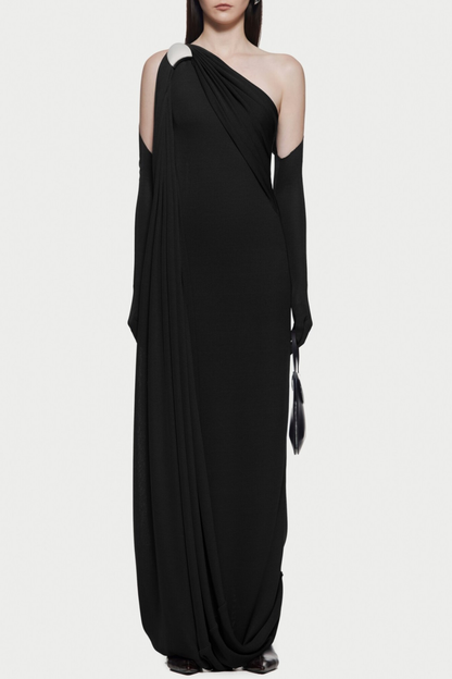 Tobala One Shoulder Asymmetrical Draped Maxi Dress - Black